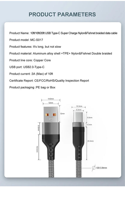 USB Type C 6A Super- Charging Cable For Huawei USB C Extended 1m 2m 3m 5m 8-Meter Cable For Xiaomi Vivo Leeco OnePlus Oppo